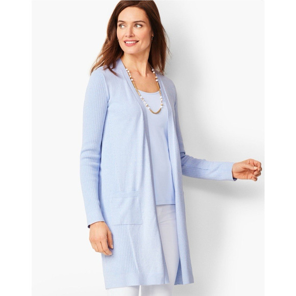 Talbots Pima Cotton Light Blue Cardigan Duster Medium Ribbed Lightweight Fall - Picture 1 of 7